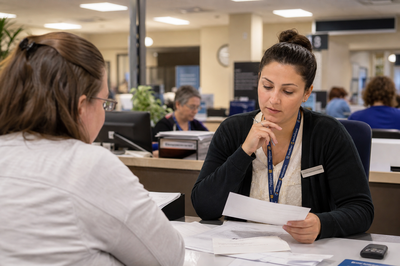 Frontline employee pauses thoughtfully while helping a customer at a public service counter