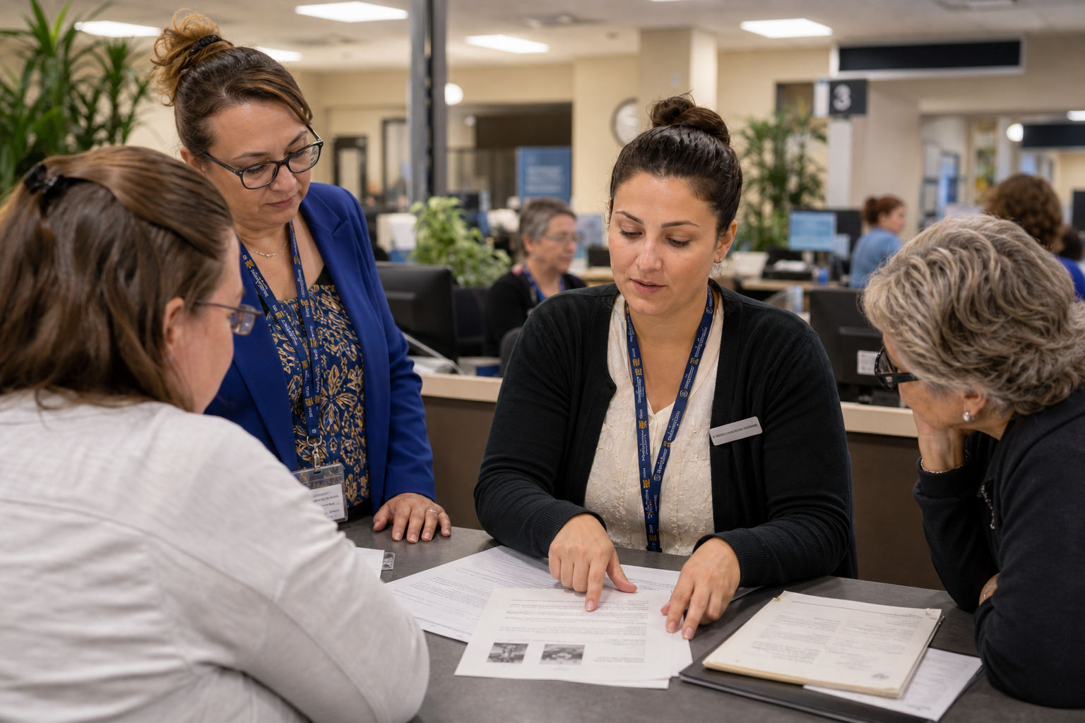 Same employee sharing knowledge with coworkers and a supervisor in an office operations setting