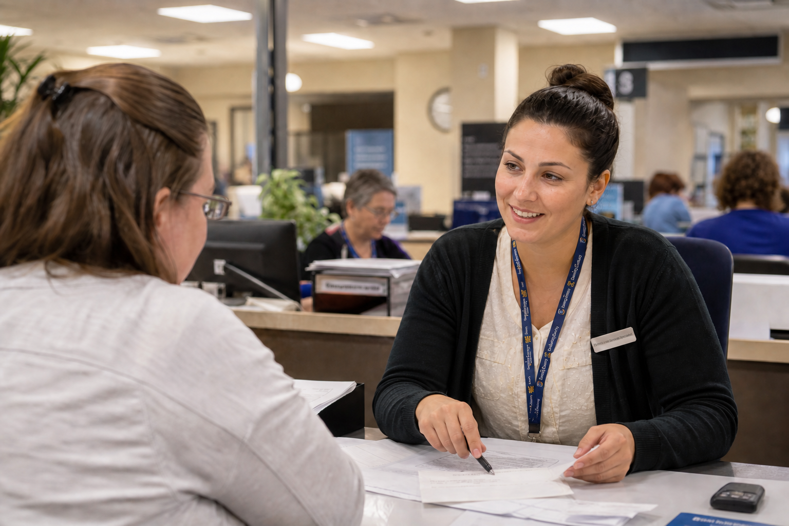 Same frontline employee smiling confidently while helping the customer at the service counter