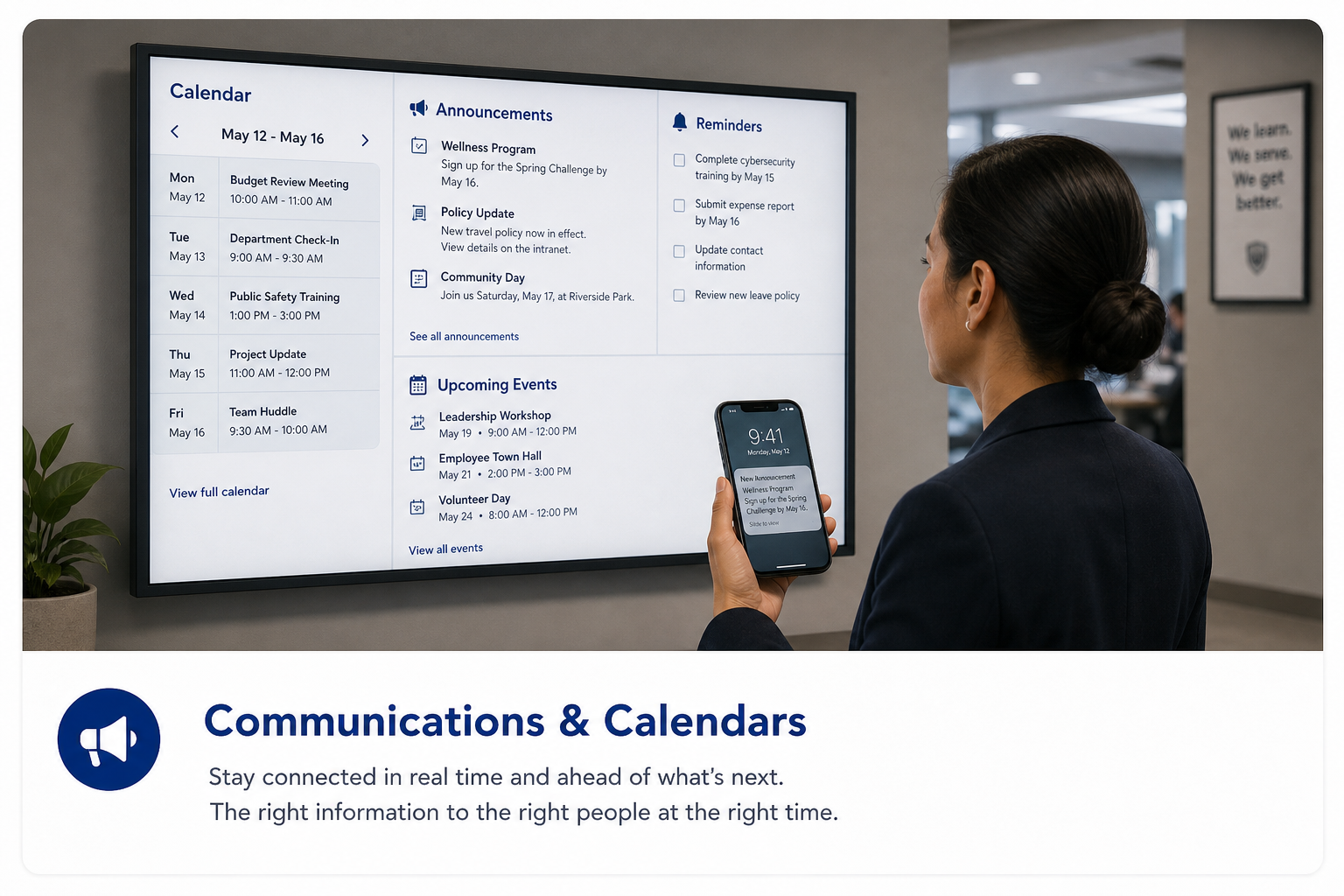 Employee viewing announcements, reminders, and calendar events on a workplace display