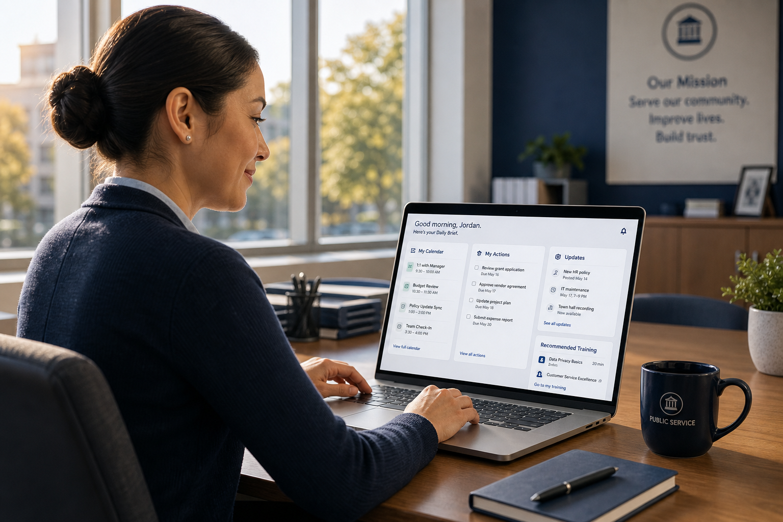 Employee starting the day with a calm Daily Brief dashboard on a laptop