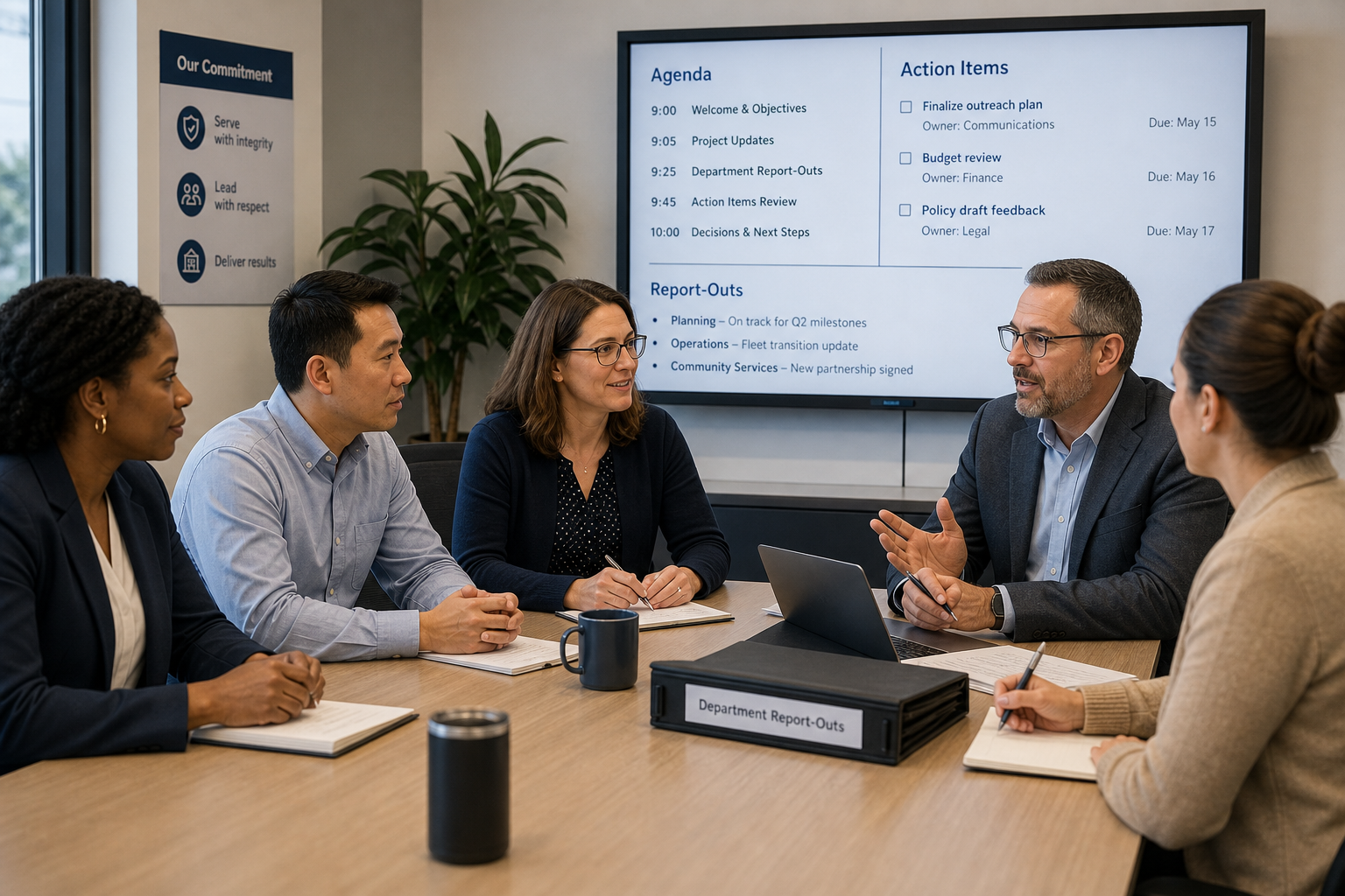 Structured team meeting with agenda, action items, and report-outs visible on screen