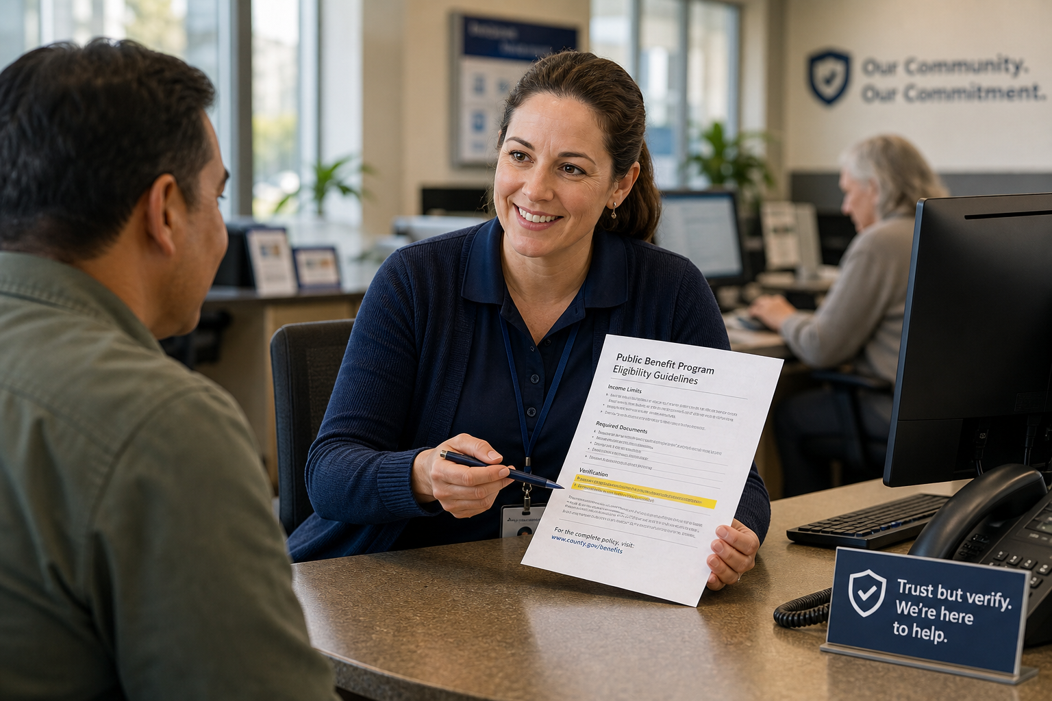 Frontline employee showing a highlighted source document while answering a workplace question