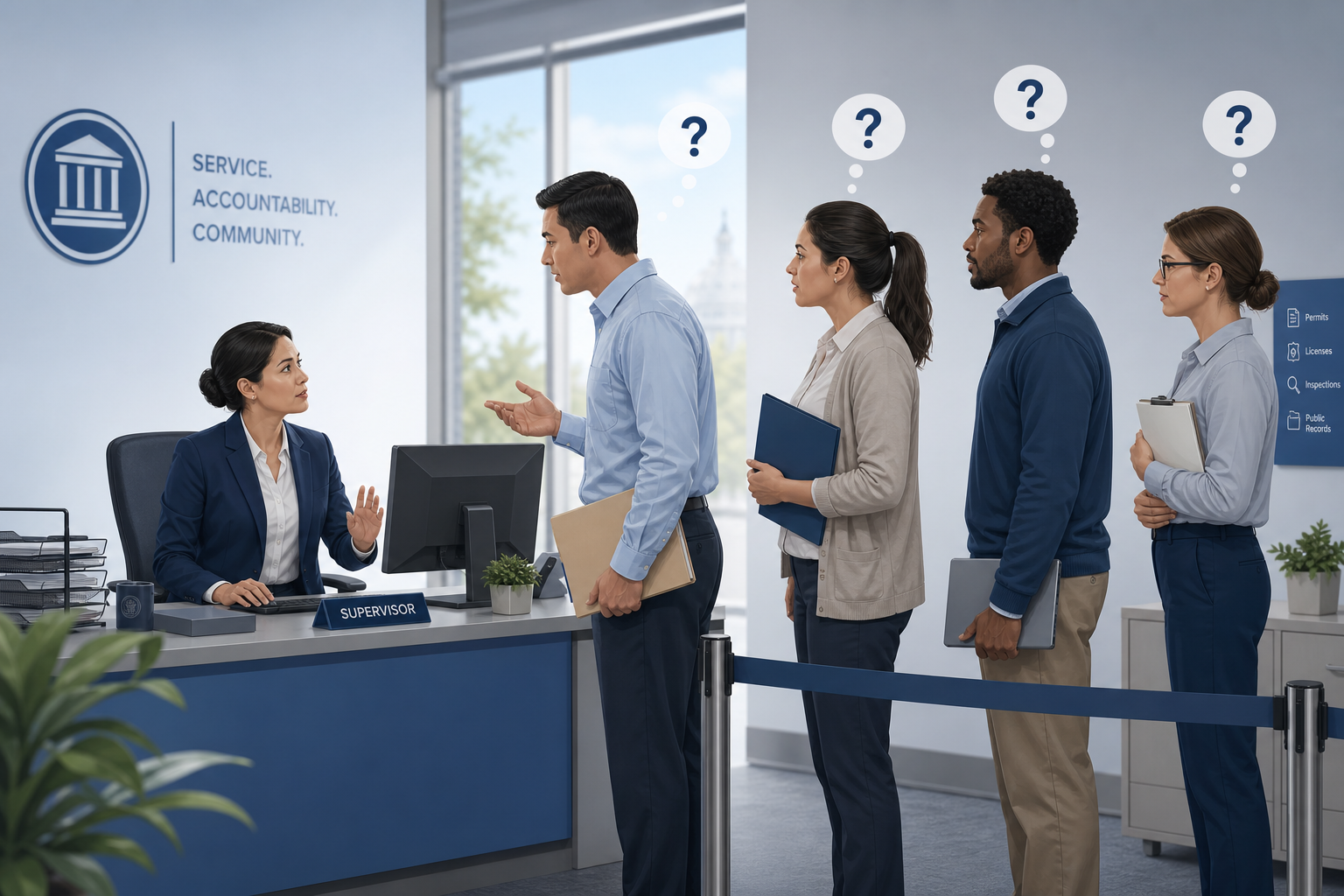 Frontline employees forming a line to ask a supervisor repeated workplace questions