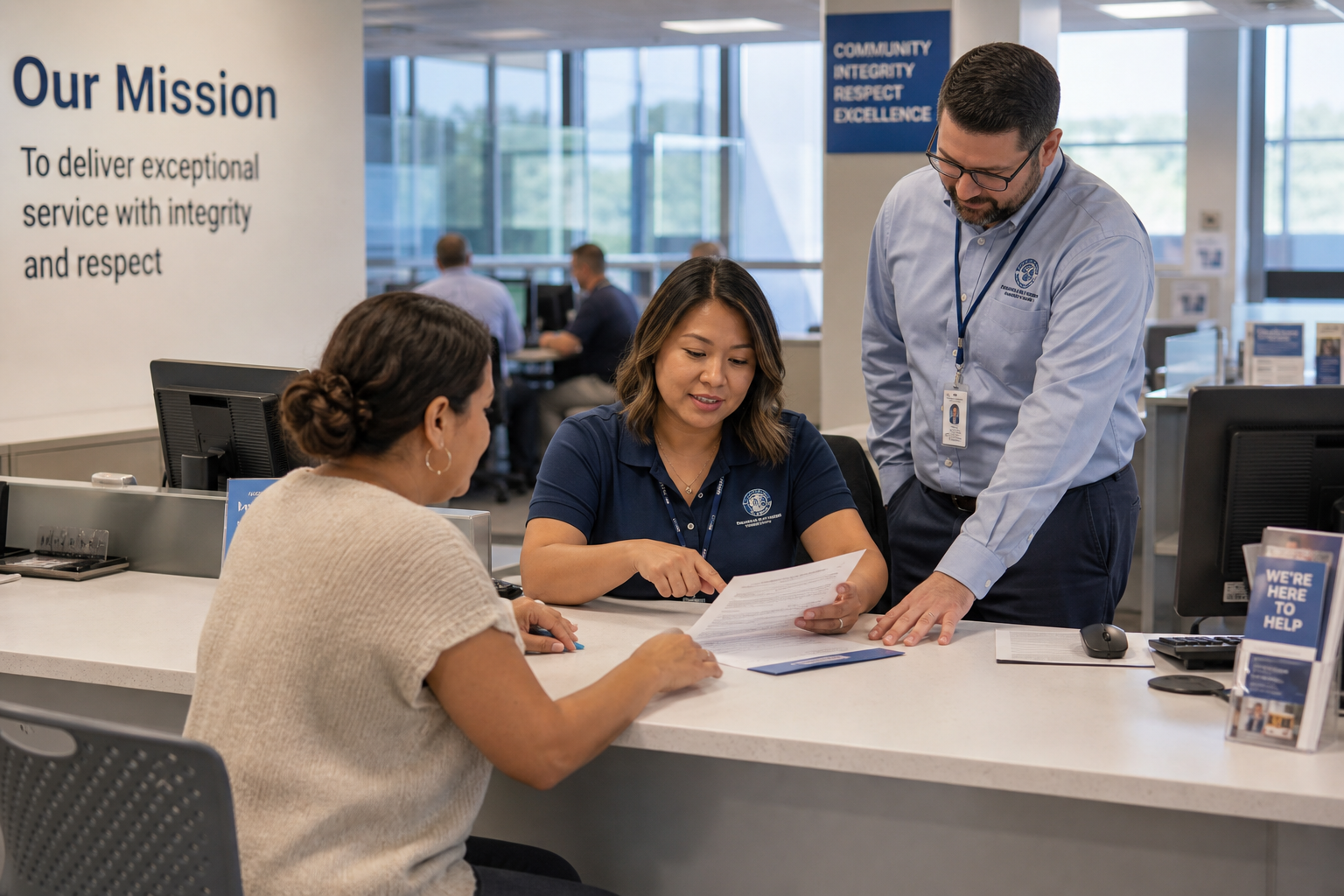 Public-service employee and supervisor helping a resident at a service counter